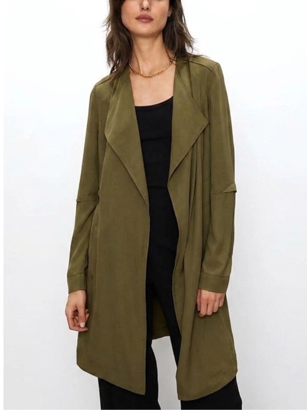 Aritzia Babaton Flowy Long Line Lag & Look Trench Coat Academia Chic Olive Green